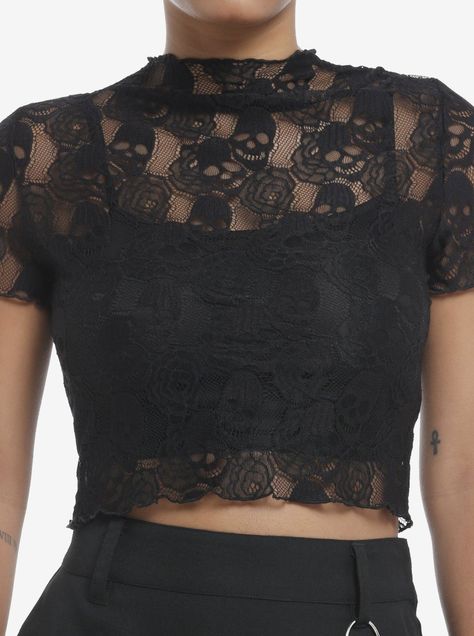 Twofer Top, Grunge Tops, Lace Skull, Cool Girl Outfits, Black Lace Crop Top, Black Cami, Black Skull, Black Camis, Black Skulls