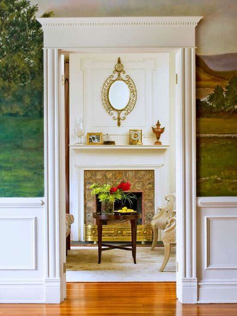 fireplace Acadian Farmhouse, Neutral Fireplace, Fireplace Refacing, Trim Wainscoting, Trim Molding Ideas, Colonial Fireplace, Door Moldings, Wall Trim Molding, Italianate House