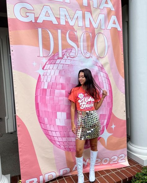 Disco Bid Day, Bid Day Banner, Spirit Week Themes, Sorority Themes, Dance Marathon, Sorority Banner, Dance Decorations, Alpha Gam, Bid Day Shirts