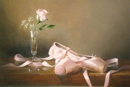 Ballerina's Still Life - ballet shoes, painting, pink, pink ribbin, still life, abstract, pink rose Ballerina Tea, Ballet Wallpaper, Ballet Painting, Ballet Images, Ballet Pointe Shoes, Pink Abstract Painting, Hyper Realistic Paintings, Realistic Oil Painting, Ballet Shoe