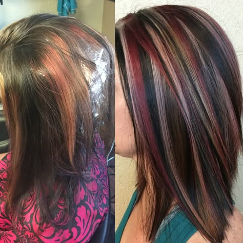 Red black and blonde hair chunky highlight Matrix SoColor  Instagram @hairbycrystalhodges Chunky Highlight, Highlight Shades, Purple Hair Highlights, Maroon Hair, Hair Color Pictures, Ombre Hair Blonde, Hair Color Chart, Hair Color Light Brown, Pretty Hair Color