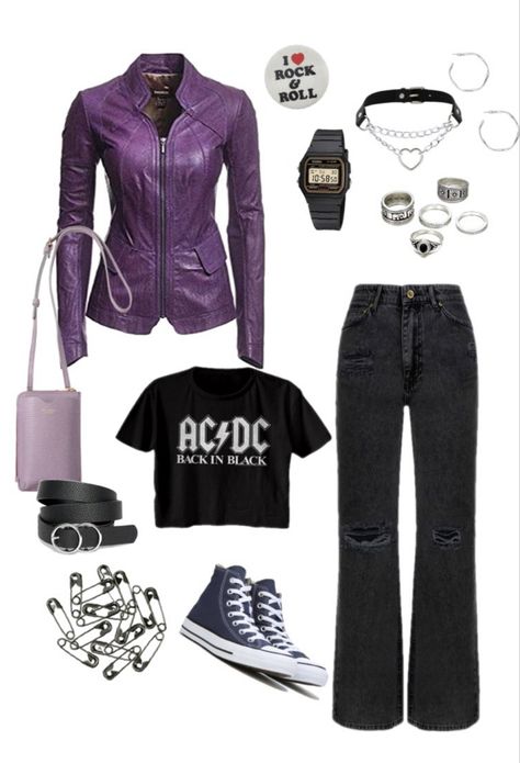 #leather #thrifted #purple #purpleleather #leatherjacketoutfit #leatherjacket #aesthetic #vintage #80s #metalhead #metal #denim #blackjeansoutfit #converse #allstar #acdc #rock #rocknroll #rockstar #rockstargf #1980s #casiowatch #silverjewellery 80s Metalhead, Purple Leather Jacket, Black Jeans Outfit, Purple Outfits, Love W, Leather Jacket Outfits, Thrift Finds, Purple Leather, Aesthetic Vintage