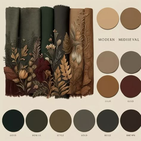 Rustic Color Theme, 1900 Paint Colors, Burlywood Color Aesthetic, Earthy Color Palette With Black, Dim Color Palette, Silver Complimentary Colors, Fantasy Aesthetic Color Palette, Medieval Color Scheme, Vintage Boho Color Palette