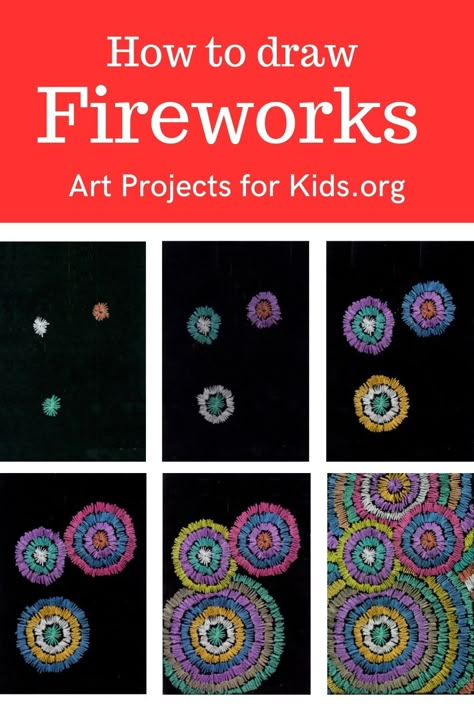 Learn how to draw Fireworks with an easy step-by-step PDF tutorial. How To Draw Fire Works, Fireworks Art For Kids, Drawing Of Fireworks, Firework Art For Kids, Draw Fireworks Easy, Fireworks Activities, Fireworks For Kids, Fireworks Drawing, Firework Craft