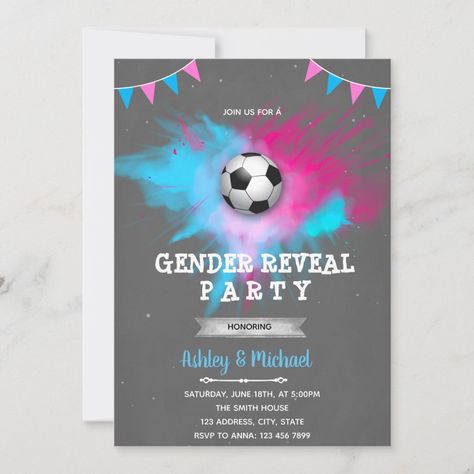 Soccer gender reveal invitation Football Gender Reveal Invitations, Soccer Gender Reveal, Golf Gender Reveal, Baseball Gender Reveal, Football Gender Reveal, Gender Reveal Unique, Shooting Target, Gender Reveal Party Invitations, Gender Reveal Invitations