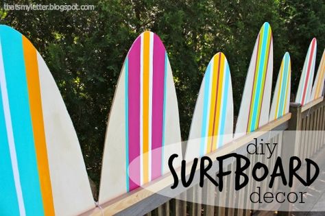 Paint: diy surfboard decor Foamcore surfboard shapes painted with bright colored stripes make for fun surf themed decor. Originally these surfboards were used as centerpieces / tabletop decor at our school’s Spring auction. The taller middle board extends 24″ high and the side boards 18″high. I sandwiched the foamcore between two 1x2s on edge which... Read more Diy Surfboard Decor, Diy Surfboard, Side Boards, Surf Party, Surfboard Decor, Surfboard Shapes, Boy Sign, Pool Boy, Surf Decor