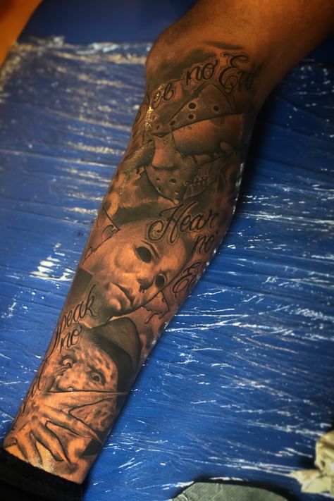 Washington Dc Tattoo Sleeve, Horror Half Sleeve Tattoo, Hand Tattoos For Guys Simple, Half Leg Sleeve Tattoo Calf Men, Arm Tattoo Black Men, Forearm Tattoo Men Ideas Unique, Street Tattoos For Men, Outer Forearm Tattoo Men Unique, Black Men Hand Tattoos