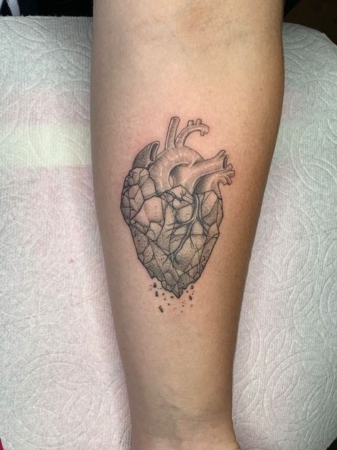 Modern Heart Tattoo, Realist Heart Tattoo, Small Real Heart Tattoo, Heart Of Stone Tattoo, Stone Heart Tattoo, Fine Line Black And Grey Tattoo, Heart Rock Tattoo, Fineline Anatomical Heart Tattoo, Realism Heart Tattoo