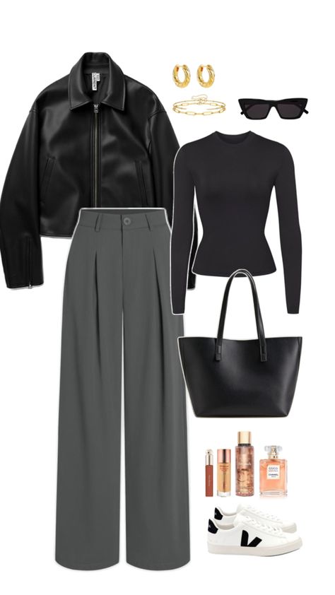 Spring outfit idea, Casual, fashion inspiration, veja shoes, grey wide leg pants, black skims dupe, leather jacket, black sunglasses, bare vanilla, coco chanel, golden jewells #ad #sponsored #affiliate Jacket - https://amzn.to/4aOTJzz Pants - https://amzn.to/3xWQfwo T-shirt - https://amzn.to/44hXACt Shoes - https://amzn.to/3UxP7YL Bag - https://amzn.to/44ivgzV Accessories - https://amzn.to/4bbRiGV https://amzn.to/4bdE5h0 https://amzn.to/3xLNXjm https://amzn.to/44evI2m https://amzn.to/4dfSN92 How To Style Grey Wide Leg Pants, Outfits With Grey Pants, Wide Pants Outfit Casual, Grey Wide Leg Pants Outfit, Grey Trousers Outfit, Grey Jacket Outfit, High Waisted Pants Work, Black Trousers Outfit, Grey Pants Outfit