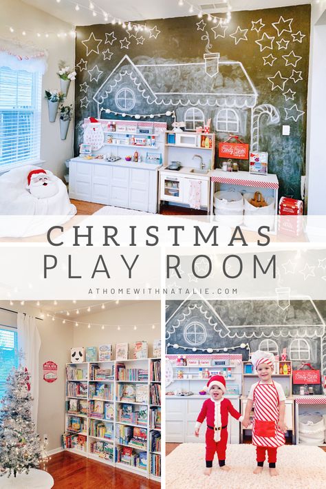 Christmas Play Room Tour Christmas Decor Playroom, Playroom Christmas Decor, Christmas Playroom, Kids Play Food, Toy Room Decor, Santa Pillow, Preschool Rooms, Boys Playroom, Pretend Play Kitchen