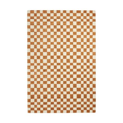 Cedar Terracotta and Ivory Checkered Wool Area Rug - World Market Checkered Moroccan Rug, Checkered Rug Living Room, Brown Checkered Rug, Carpet Orange, Checkered Area Rug, Checker Design, Checkered Design, Checkered Rug, Checkerboard Pattern