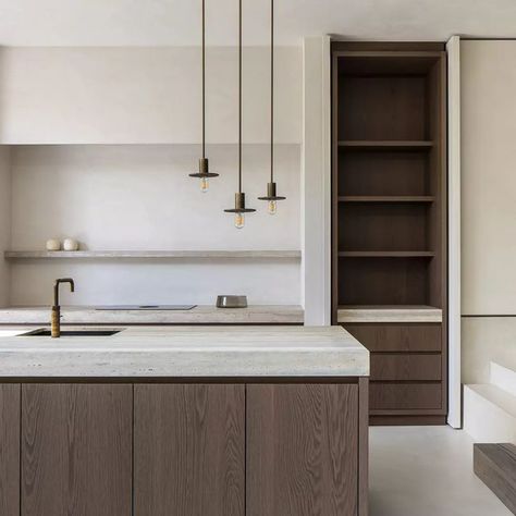 Calming Aesthetic, Neutral Kitchen, Minimalist Kitchen Design, Kitchen Counter Decor, Classic Kitchen, Wood Cabinet, Minimalist Kitchen, Residential Design, Wood Cabinets