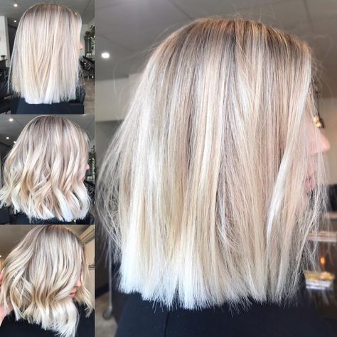 One of your favourites & mine 💕 @maddietaper @hairandharlow #hairandharlowblondes #hairbykaitlinjade #behindthechair Bleach Blonde Long Bob, Lace Frontal Wig Straight, Icy Blonde Highlights, Balayage Hair Morenas, Light Golden Blonde, Straight Bob Wig, Balayage Bob, Blond Balayage, Wig Straight