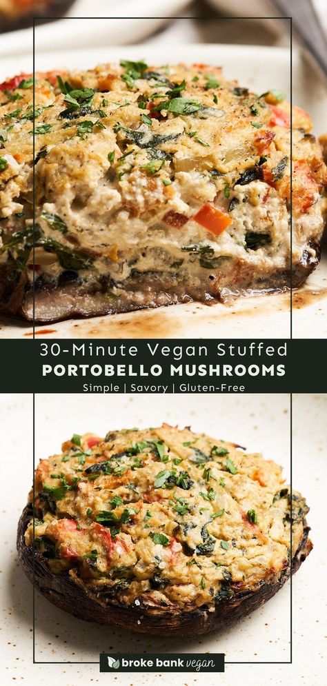 These 30-minute vegan stuffed portobello mushrooms are an ultra-savory main dish made with simple yet wholesome ingredients. Thick, meaty mushrooms are stuffed with homemade sunflower cheese, sautéed veggies, spinach, and fresh herbs. This meal will convert even the pickiest eaters! #veganstuffedportobellomushrooms #stuffedportobellomushrooms #veganmaindishes Portobello Recipes, Stuffed Mushrooms Vegetarian, Vegan Breakfast Casserole, Portobello Mushroom Recipes, Vegan Fish, Portobello Mushroom, Eat Salad, Vegan Main Dishes, Mushroom Recipes