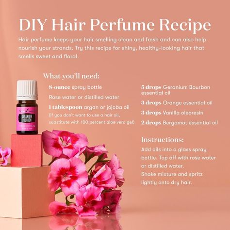 Diy Hair Perfume Spray, Diy Hair Perfume, Hair Perfume Diy, Bergamot Essential Oil, Glass Spray Bottle, Hair Perfume, Rose Essential Oil, Diy Recipes, Orange Essential Oil