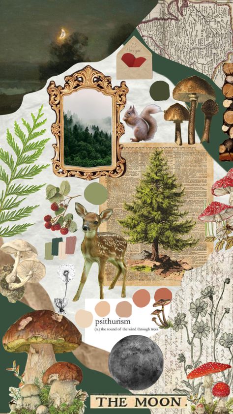 Mushroom Moodboard Aesthetic, Mushroom Mood Board, Woods Craft, Autumn Moodboard, Trees Autumn, Fungi Art, Aesthetic Shuffles, Nature Collage, Moodboard Aesthetic