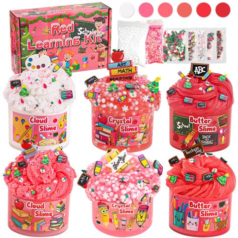 PRICES MAY VARY. 📖【Red Classroom Slime Kit】Our red slime kit includes 3 different texture of slime: 2 packs of red butter slime, 2 packs of white and red cloud slime and 2 packs of red clear crystal slime. Each container holds 60ml slime.Totally 360ml for the slime pack with charms. You can experience non-sticky butter slime, super fluffy cloud slime and flexible clear slime all at the same time! ✏️【Gradual Red & Various Add-ins】Our educational toy slime kit has a classroom theme that fades fro Non Stick Slime, Slime Accessories, Slime Party Favors, Red Classroom, Slime Clear, Slime Making Kit, Red Slime, Slime Kits, Halloween Slime