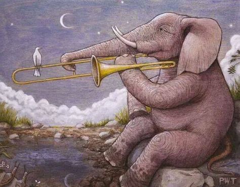 Cute Trombone Pictures, Trombone Art, Trombone Music, Marching Band Memes, Elephant Shrew, Music Illustration, Funny Animal Photos, Elephant Love, Musical Art