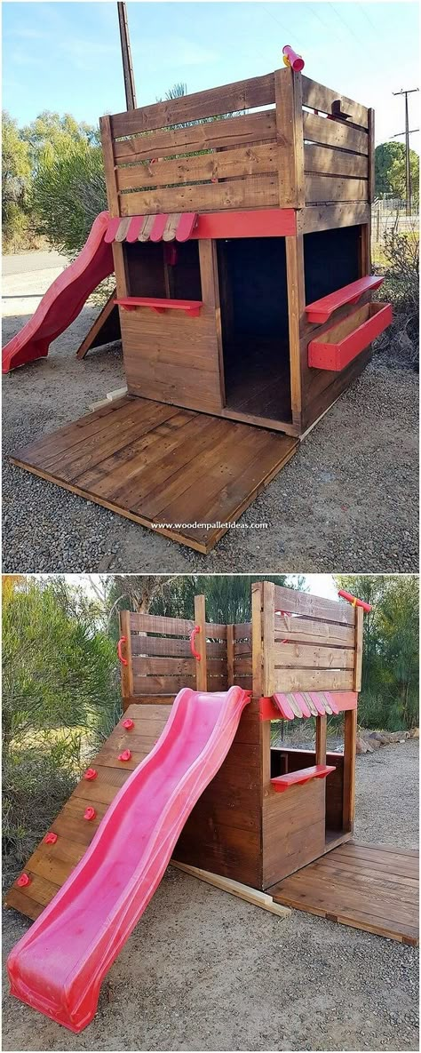 Wood Pallets Ideas, Old Wood Crafts, Pallet Playhouse, Garden Areas, Wooden Garden Furniture, Pallet Garden, Pallets Garden, Play Structure, Backyard Playground