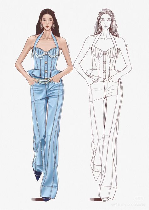 Denim Dress Drawing, Denim Dress Illustration, Denim Fashion Illustration, 2025 Fashion Trends, Fashion Illustration Poses, Greece Fashion, Fashion Figure Drawing, Dress Illustration, Fashion Drawing Tutorial