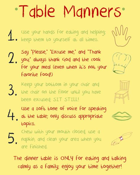 Table Manners Reminders. Sometimes big kids need reminders Kids Table Manners, Manners Preschool, Manners Chart, Manners Activities, Manners For Kids, Table Etiquette, Teaching Manners, Dining Etiquette, Etiquette And Manners