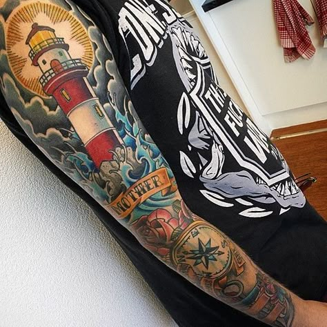 Traditional Nautical Tattoo, Lighthouse Tattoos, American Traditional Sleeve, Nautical Tattoo Sleeve, Navy Tattoos, Mangas Tattoo, Sailor Tattoos, Lighthouse Tattoo, Traditional Sleeve