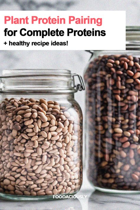 tow jars of beans Vegan Complete Protein Combinations, Plant Based Complete Protein, Complete Protein Combinations, Plant Based Proteins, Veggie Fritters, Pinto Bean Recipes, Creamy Peas, Pasta With Peas, Food Protein