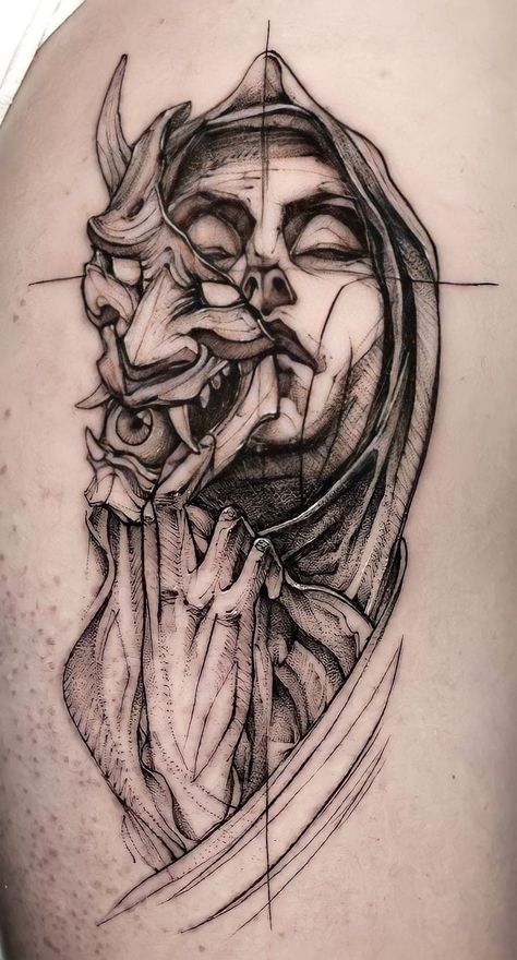 Oni Tattoo, Sketch Style Tattoos, Realistic Tattoo Sleeve, Mommy Tattoos, Men Tattoos Arm Sleeve, Scary Tattoos, Fantasy Tattoos, 4 Tattoo, Chest Piece Tattoos