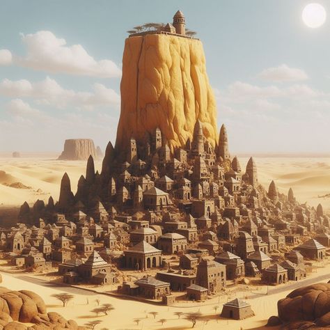 Fantasy Plains City, Abandoned Desert Town, Desert Town Aesthetic, Desert City Fantasy Art, Desert City Concept Art, Desert Ship, Dwarven Kingdom, Dnd Desert, Desert Tower