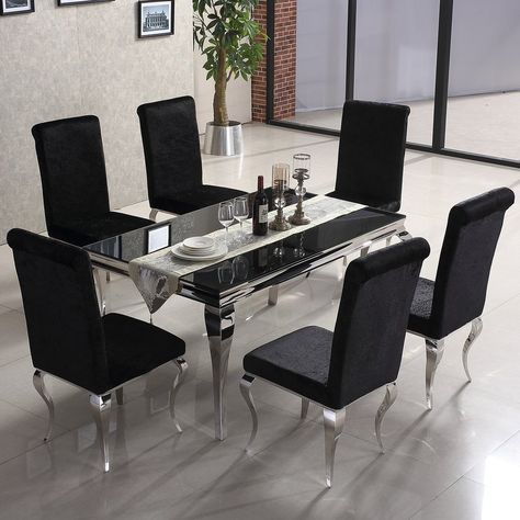 Julia Dining Set with 6 Chairs Black Glass Dining Table, Marble Dining Table Set, Glass Dining Room, Chrome Dining Table, Dining Room Table Decor, Home Dining Room, Hotel Home, Luxury Dining Room, Dining Sets Modern