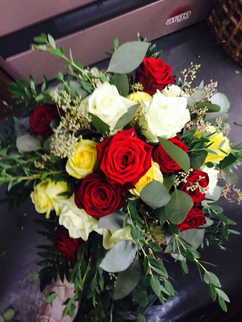 White yellow and Red roses bouquet Red Green Yellow Wedding Theme, Red White Yellow Flower Arrangements, Red And Yellow Wedding Flowers, Red And Yellow Bouquet, Blush Flowers Bouquet, Wedding Arch Greenery, Prom Flowers Bouquet, Yellow Flower Arrangements, Yellow Bridal Bouquets