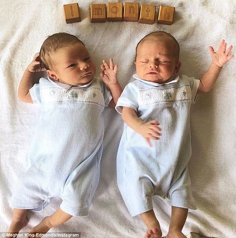 Proud mom: On Thursday, Meghan King Edmonds took to Instagram to share a photo of her one-month-old twin boys. 'Happy one-month birthday to my chill and cuddly Hayes, and my feisty and squirmy Hart,' the 33-year-old reality star said One Month Birthday, Happy One Month, Twin Sons, Twin Photos, Old King, One Month Old, Twin Boys, Proud Mom, Big Time