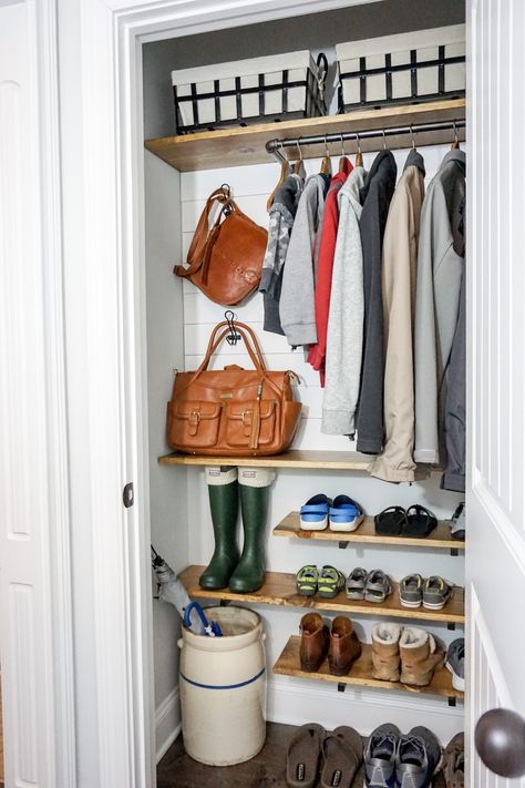 Coat Closet Organization Ideas, Coat Closet Organization Front Entry, Diy Coat Closet, Closet Makeover Ideas, Coat Closet Makeover, Coat Closet Ideas, Small Coat Closet, Coat Cupboard, Front Hall Closet