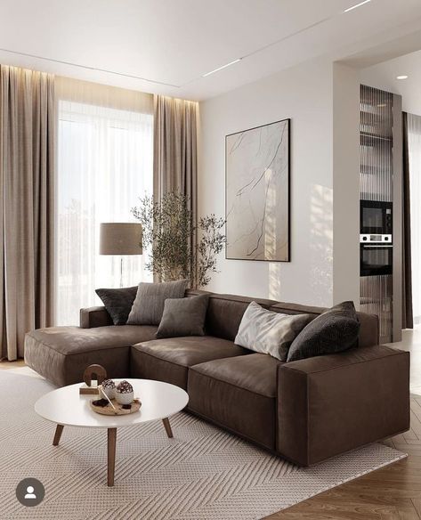 Living Rooms With Rugs, Minimalist Living Room Brown Couch, Brown Grey Living Room, Living Room Dark Couch, Dark Brown Sofa Living Room, Living Room Design Brown, Cloud Couch Living Room, Modern Living Room Brown, Beige Sofa Living Room