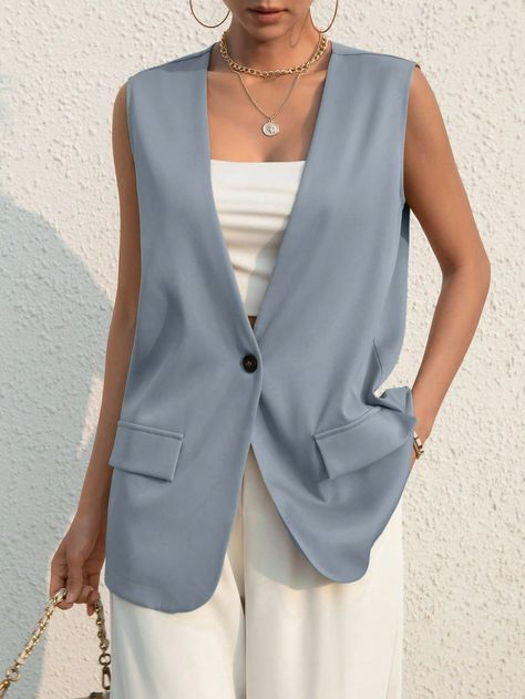 Dusty Blue Casual Collar Sleeveless Fabric Plain vest Embellished Non-Stretch  Women Clothing Sleeveless Blazer Outfit Summer, White Vest Outfits For Women, Long Vest Outfits For Women, Gilet Outfit Women, Sleeveless Blazer Outfit, Long Vest Outfit, White Vest Outfit, Gilet Outfit, Vest Outfits For Women