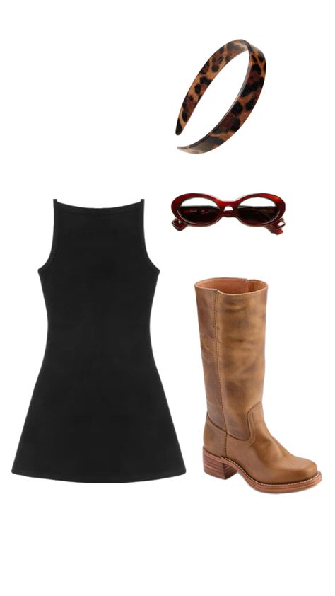 Fall, Fit inspo, Frye boots, Mini dress, Black dress, Black mini dress, Leopard print, Glasses, Sunglasses, Headbands Black Dress Brown Boots, Boots Mini Dress, Frye Boots Outfit, Leopard Print Glasses, La Outfit, Dress Leopard Print, Leopard Print Outfits, Cool Girl Style, Headband Outfit