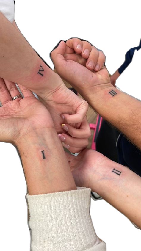 Birth order Roman numerals matching sibling tattoo Tattoos Roman Numerals, Tattoos Trendy, Siblings Tattoo For 3, Roman Numerals Tattoo, Numerals Tattoo, Tattoos For Siblings, Matching Tattoos For Siblings, Roman Numeral Tattoos, Matching Sister Tattoos