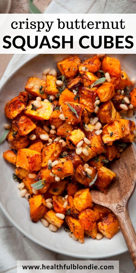 These easy air fryer butternut squash cubes are tender, crispy, and ready in under 20 minutes. You can pick from three delicious flavor variations: garlic sage with pine nuts, cinnamon maple glazed, or rosemary. The perfect side dish for any meal! Crispy Butternut Squash, Air Fryer Butternut Squash, Butternut Squash Side Dish, Low Carb Cornbread, Butternut Squash Cinnamon, Butternut Squash Recipe, Easy Butternut Squash, Butternut Squash Cubes, Autumn Side Dishes