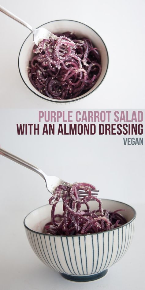 Purple Carrot Salad with an Almond Dressing Recipe | Elephantastic Vegan Purple Carrot Meals, Purple Carrots, Purple Carrot, Vegan Main Dishes, Carrot Salad, Think Food, Raw Vegan Recipes, Vegan Salad, Perfect Side Dish