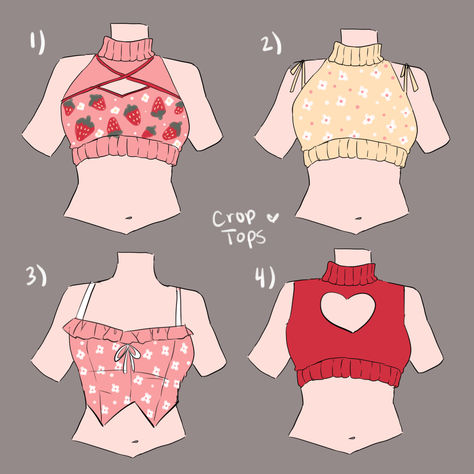 Pastel Crop Top Designs Cute Tops Drawing, Dress Outfits Drawing, Character Outfits Ideas, Unique Drawing Styles, Character Clothing Ideas, Cute Outfit Ideas Drawing, Anime Crop Top, Crop Top Outfit, How To Draw Anime