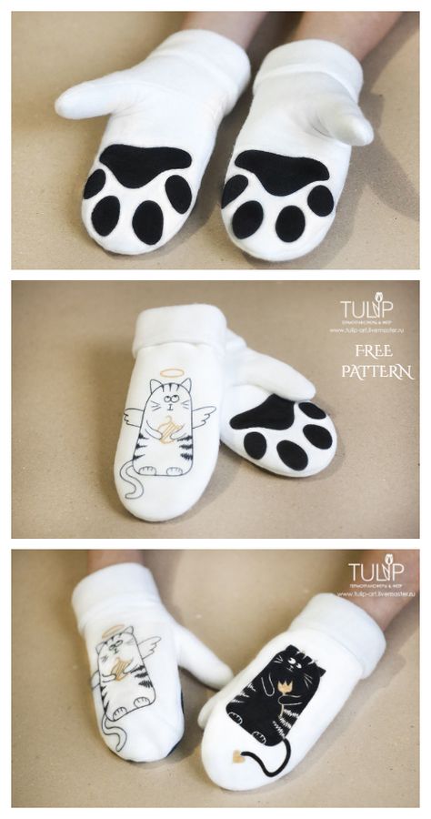 DIY Fabric Cat Mittens Free Sewing Pattern | Fabric Art DIY Cat Paw Mittens, Mitten Sewing Pattern Free, Mittens Sewing Pattern Free, Fleece Mittens Pattern Free, Cat Sewing Projects, Cat Sewing Pattern Free, Sew Mittens, Cat Sweater Pattern, Cat Mittens