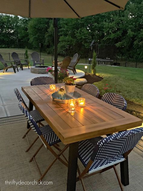 Our new outdoor living space -- the patio reveal! Outdoor Table And Chairs, Table Mosaic, Backyard Dining, Table Picnic, Outdoor Patio Table, Fire Pit Seating, Table Farmhouse, Outside Patio, Table Metal