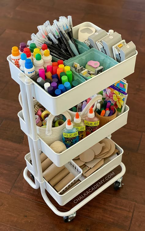 Our kids art cart has been a game changer for encouraging independence and creativity. An organized storage system with decluttering tips are helpful! Kids Art Cart, Kids Art Storage, Art Caddy, Rangement Art, Diy Bedroom Storage, Craft Cart, Arts And Crafts Storage, Art Supply Organization, Art Cart