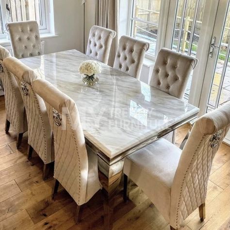 Riviera Ivory Smoke Marble Dining Table with Cream Sophia Chairs! Prices starting from only £999! ✅ Amazing quality! ✅ Delivered within 7 working days or less! ✅ Finance options available at checkout! ✅ Different sizes, colours & chairs available! Shop: www.mytrendyfurniture.co.uk Wallpaper Ideas Dining Room, Dining Room Wallpaper Ideas, Latest Dining Table Designs, Wallpaper Dining Room, Wallpaper Dining, Latest Dining Table, Granite Dining Table, Mirror Dining Table, Wooden Dining Table Designs