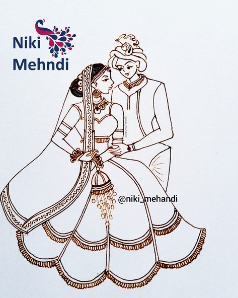 Bridal Figures Mehndi Designs, Bridal Mehndi Designs Practice, Figar Mehndi, Figures Mehndi Designs, Couple Mehndi Design, Bride Figures In Mehndi, Figure Mehndi Designs, Indian Bride Drawing, Bridal Figure Mehndi Designs