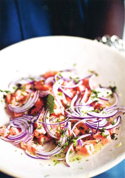 Ceviche, Cuban Style from Food for Friends by Levi Roots Cuban Recipes Salads, Cuban Seafood Recipes, Cuban Ceviche Recipe, Cuban Thanksgiving, Ceviche Recipes, Salmon Snack, Nonalcoholic Drinks, Cuban Heritage, Seafood Dip