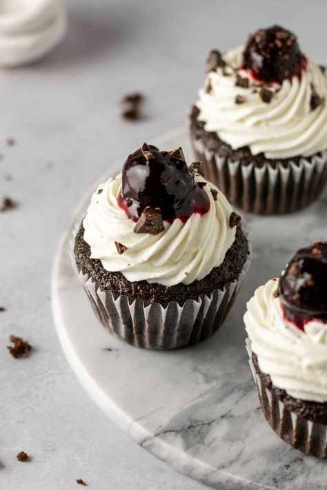 Easy Black Forest Cupcakes Stabilized Whipped Cream Frosting, Forest Cupcakes, Black Forest Cupcakes, Moist Chocolate Cupcakes, Frosting Chocolate, Measuring Flour, Chocolate Cupcakes Moist, Cherry Cupcakes, Decadent Food