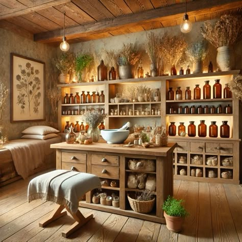 Light Apothecary Aesthetic, Herbalist Office Ideas, Apothecary Home Design, Massage Shop Interior, Apothecary Bar Design, She Shed Apothecary, Tea Display Ideas Retail, Herbalist Workspace, Apothecary Shed