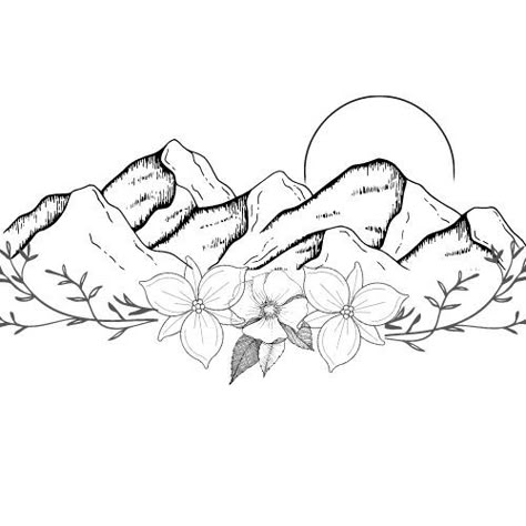 Mountain Tattoo With Flowers, Tattoo Touch Up, Moutain Tattoos, Alaska Tattoo, Montana Tattoo, Tattoo With Flowers, Mountain Tattoo Design, Flower Tattoo Back, Western Tattoos