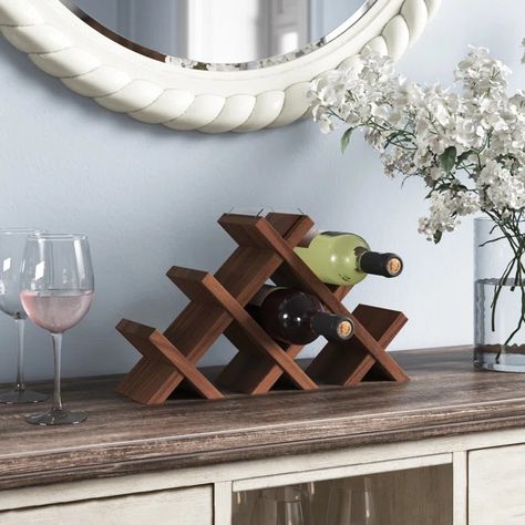 Kelly Clarkson Home Monroe 8 Bottle Solid Wood Tabletop Wine Bottle Rack in Walnut & Reviews | Wayfair Wine Racks Above Kitchen Cabinets, Wine Rack On Counter, Countertop Wine Rack Ideas, Counter Wine Rack, Wood Wine Holder, Creative Vase, Wine Bottle Stand, Wall Wine Rack, Wine Rack Table